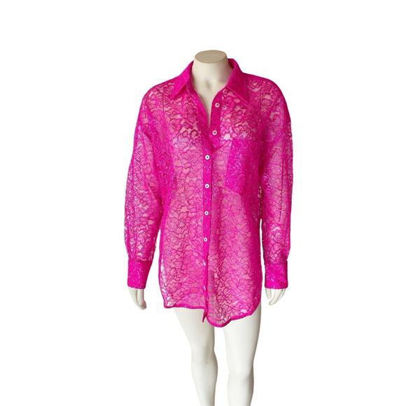 NWT ANTHROPOLOGIE METALLIC LACE BUTTONDOWN SHIRT BLOUSE TOP BARBIE PINK S SMALL - Picture 1 of 6